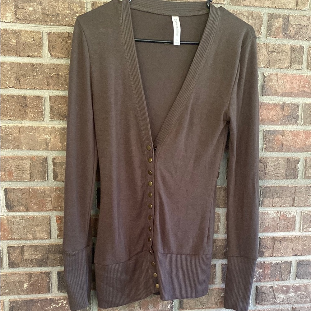 Zenana Outfitters Camo Green Brown Solid Button-Up Cardigan